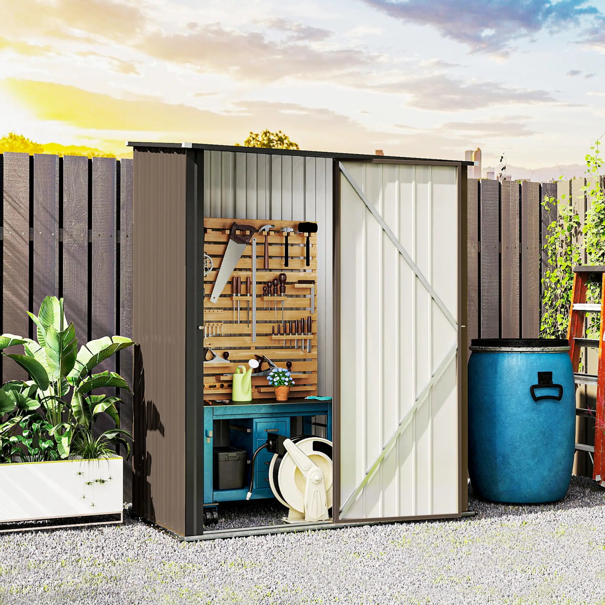 5' x 3' Outdoor Storage Shed, Steel Garden Shed, Lockable Door, Brown Sheds at Gallery Canada