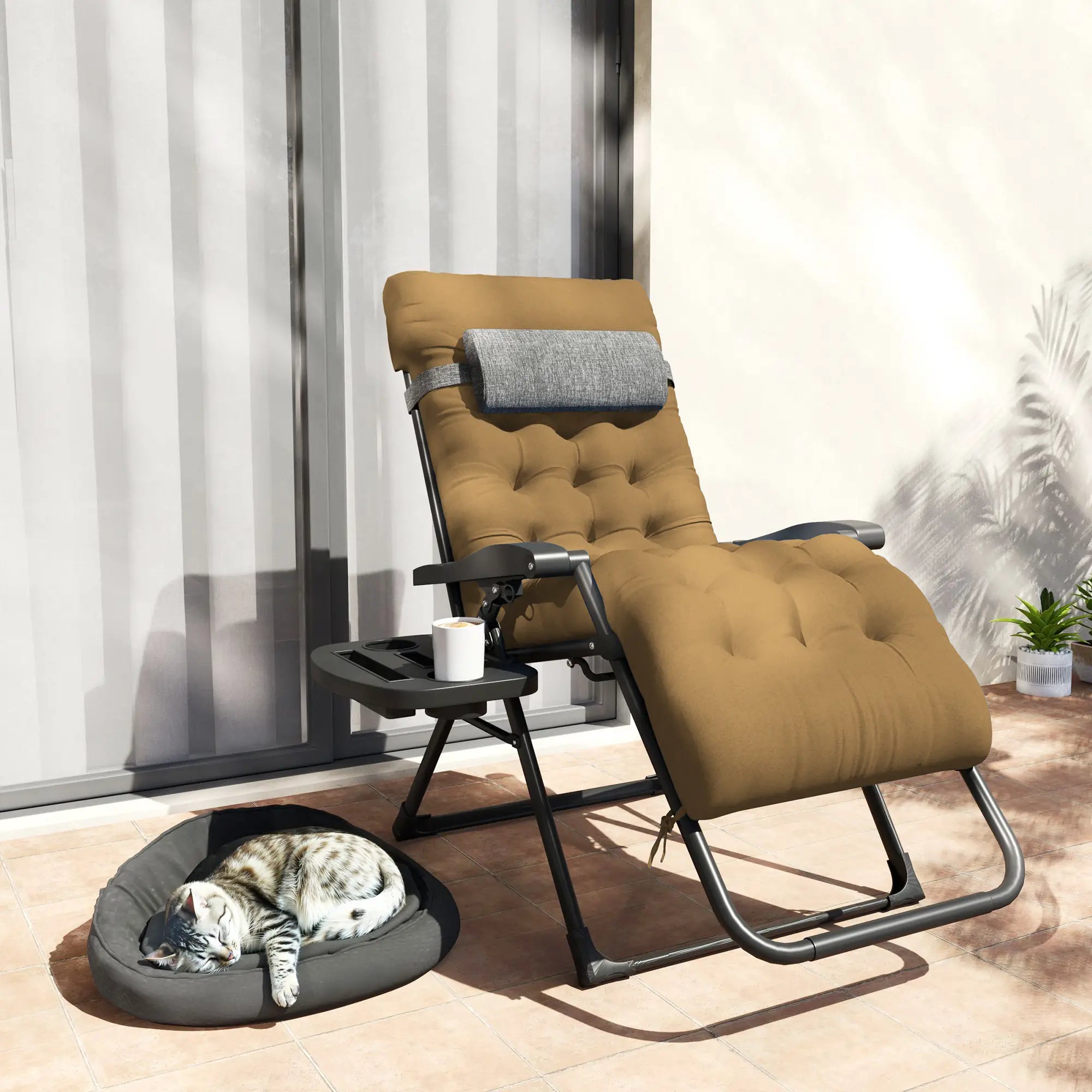 Padded Folding Recliner Chair, Adjustable Backrest, Removable Cushion, Light Khaki Lounger Chairs at Gallery Canada