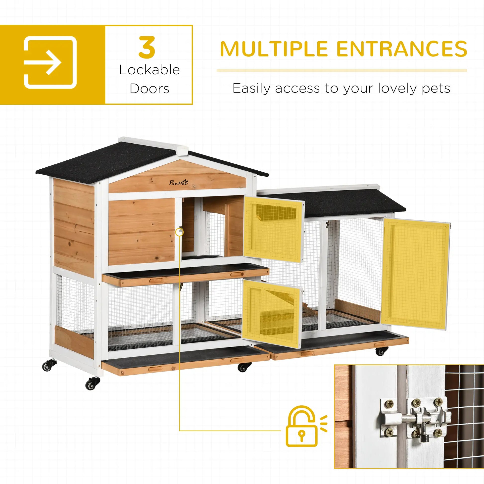 62" Wooden Rabbit Hutch with Wheels, Run Box, Tray, Ramp, Yellow Rabbit Hutch at Gallery Canada