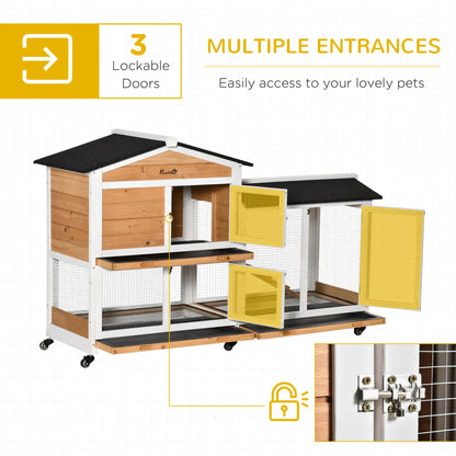 62" Wooden Rabbit Hutch with Wheels, Run Box, Tray, Ramp, Yellow Rabbit Hutch at Gallery Canada