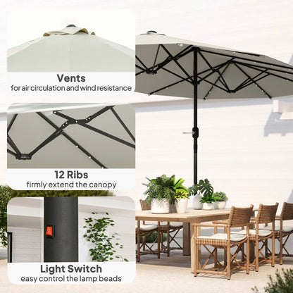 173" Double-Sided Sun Umbrella, Garden Parasol, Solar LED Light, Cream White Double-sided Umbrellas at Gallery Canada
