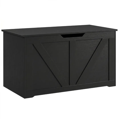 31.5 Inch Storage Chest Trunk with Safety Hinge, Black Wood Grain, Black