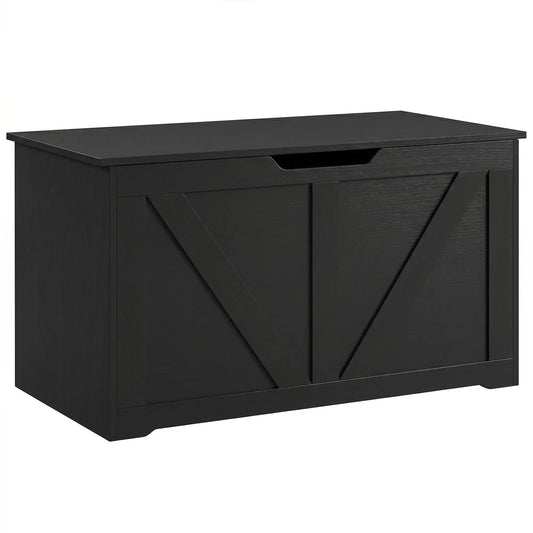 31.5 Inch Storage Chest Trunk with Safety Hinge, Black Wood Grain, Black Storage Ottomans & Benches Black Wood Grain at Gallery Canada