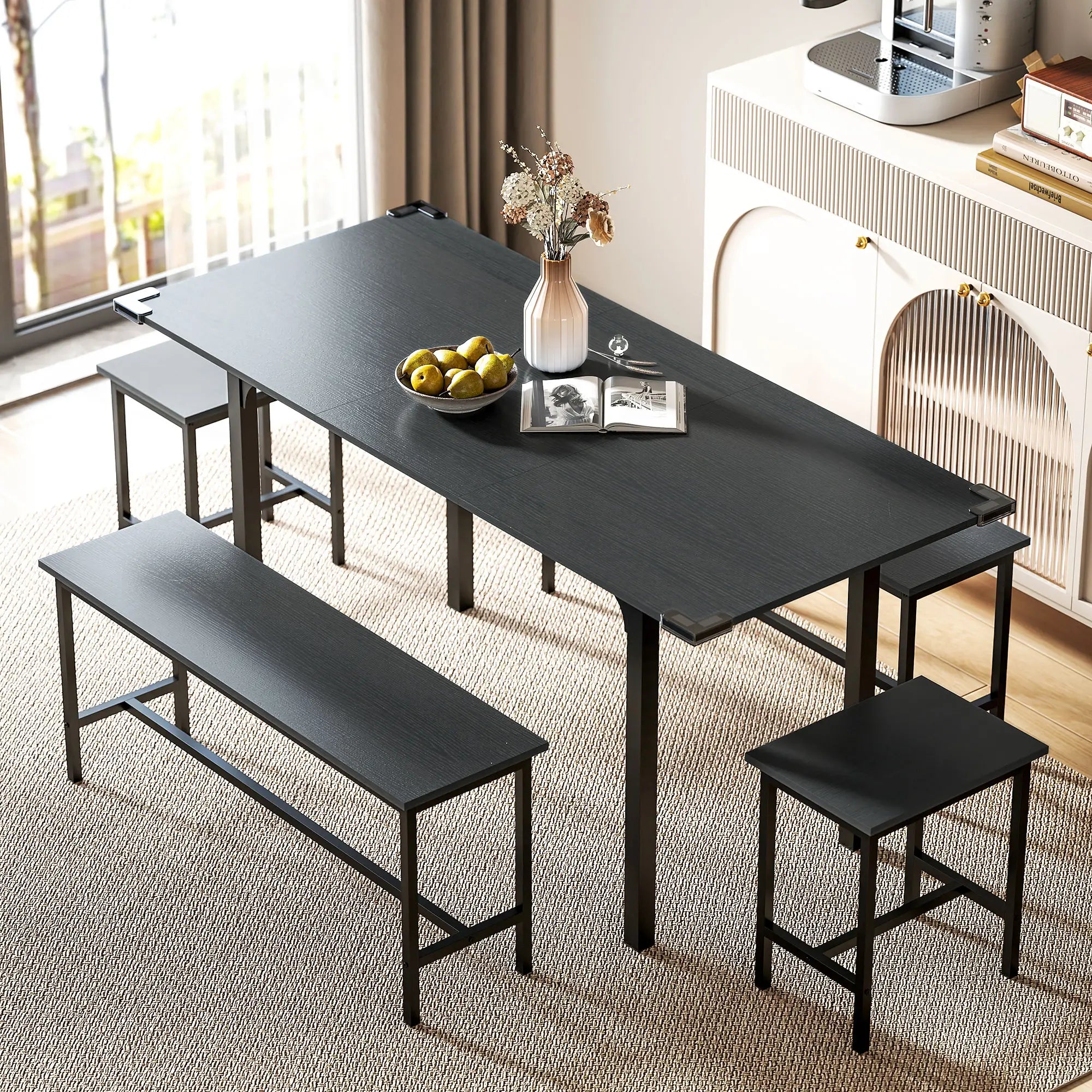 Extendable Dining Table Set, 5-Piece for 4-6 with 2 Benches and 2 Stools, Black Dining Table Sets at Gallery Canada