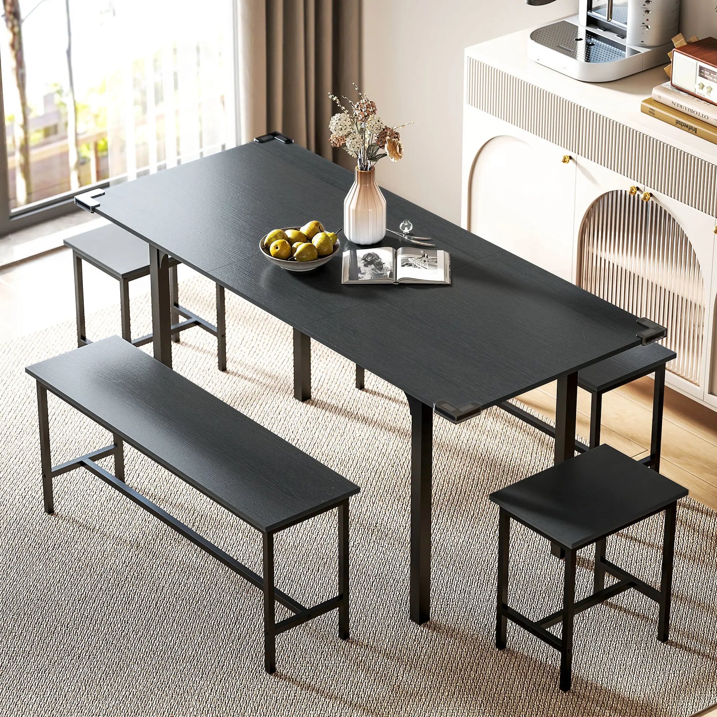 Extendable Dining Table Set, 5-Piece for 4-6 with 2 Benches and 2 Stools, Black Dining Table Sets at Gallery Canada