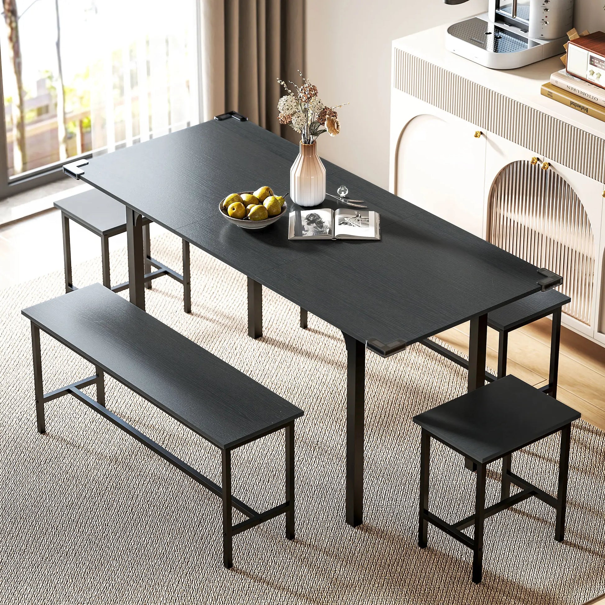 Extendable Dining Table Set, 5-Piece for 4-6 with 2 Benches and 2 Stools, Black Dining Table Sets at Gallery Canada