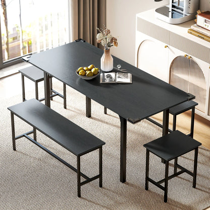 Extendable Dining Table Set, 5-Piece for 4-6 with 2 Benches and 2 Stools, Black Dining Table Sets at Gallery Canada