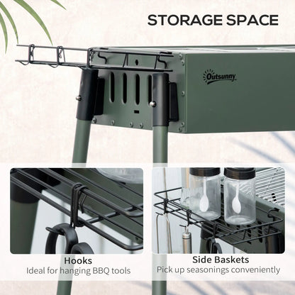 Portable Charcoal Grill With Side Baskets, Dark Green