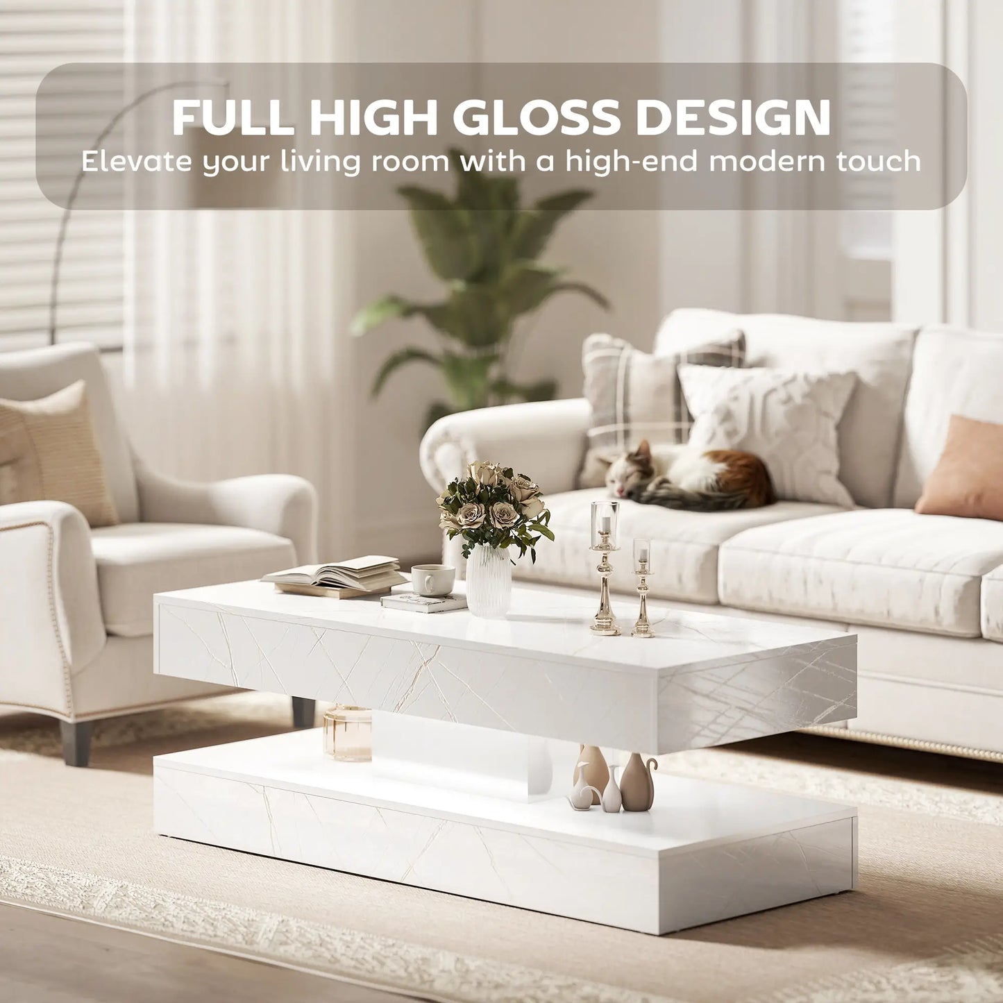 Adjustable LED Coffee Table, 2 Drawers, Open Shelf, Remote, White Coffee Tables at Gallery Canada