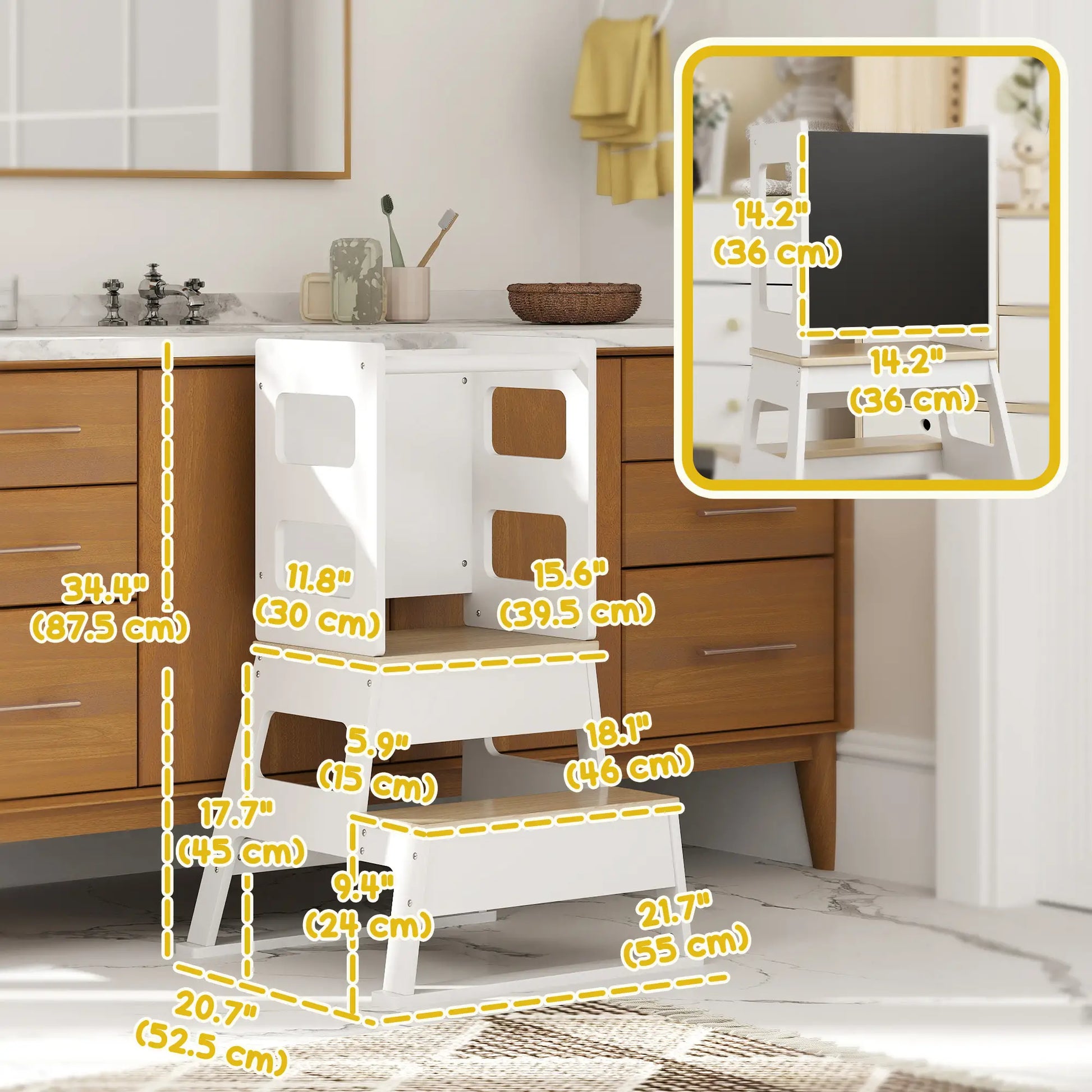 2 in 1 Toddler Tower with Chalkboard, Safety Rail, White Toddler & Kids Step Stools at Gallery Canada