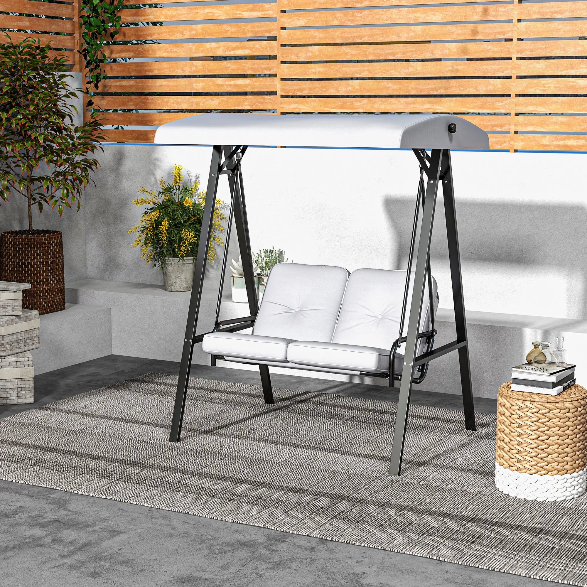 2-Seater Outdoor Porch Swing, Adjustable Canopy, Grey Patio Swings with Stand at Gallery Canada