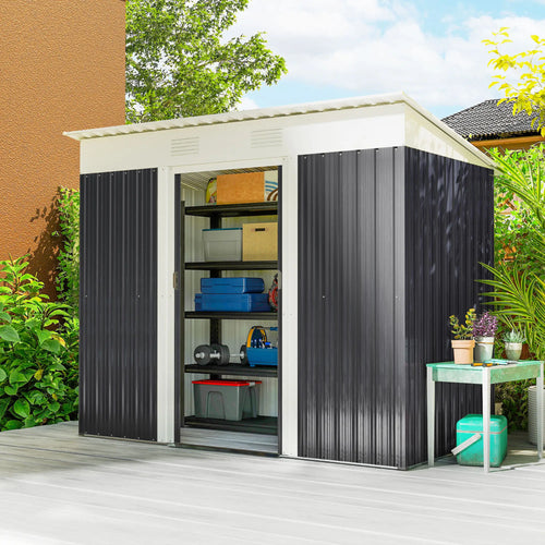7' x 4' Outdoor Storage Shed, Metal Garden Tool Organizer, Lockable Doors, Charcoal Grey
