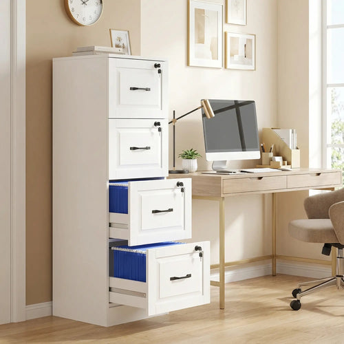 4 Drawer File Cabinet With Lock, Vertical Filing Cabinet, White