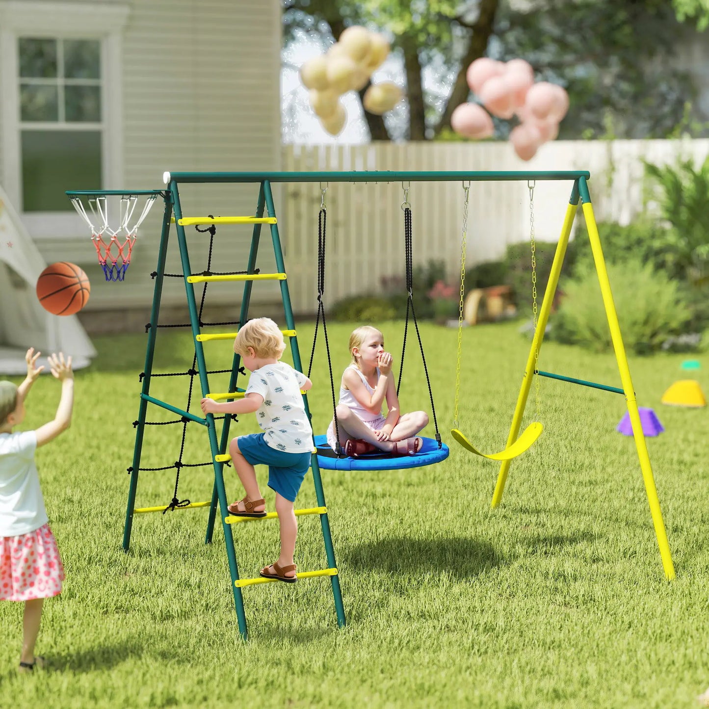 4 in 1 Swing Set, Saucer Swing, Seat, Ladder, Basketball Hoop, 3-8 Years, Yellow Gym Sets & Swings at Gallery Canada