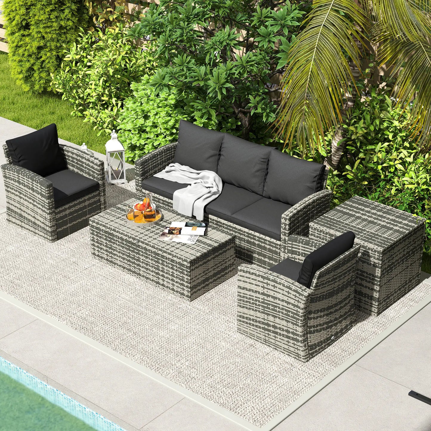 6-Piece Wicker Patio Furniture Set, 7-Seater with Cushions, Black Patio Furniture Sets at Gallery Canada