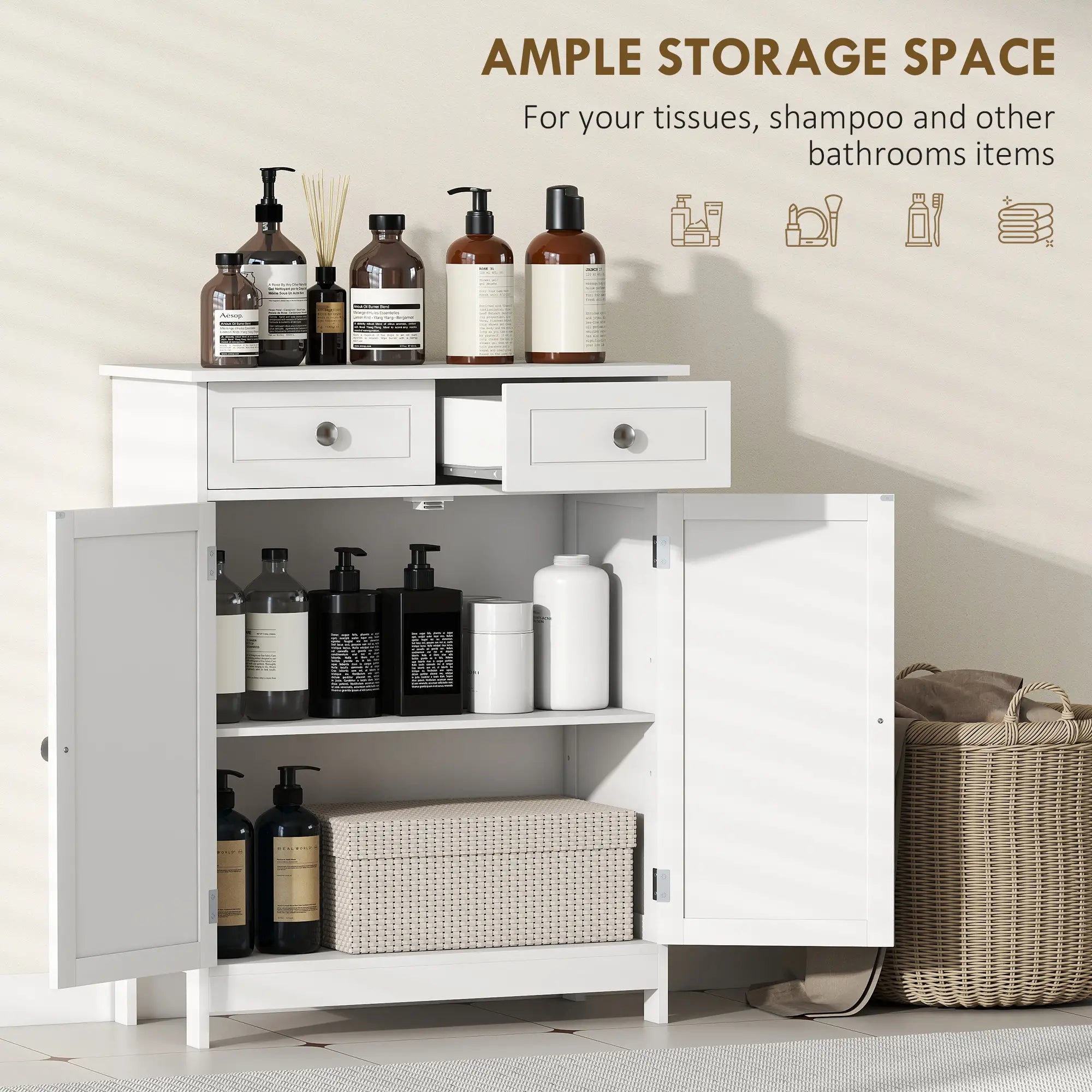 Freestanding Bathroom Cabinet, 2 Door, 2 Drawers, Adjustable Shelf, White Bathroom Cabinets at Gallery Canada