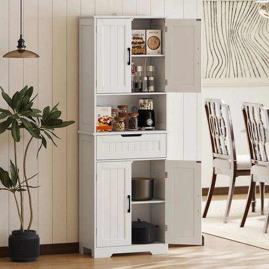 68" Tall Kitchen Buffet Hutch, 4 Doors, Drawer, Open Counter, White Kitchen Pantry Cabinets White at Gallery Canada