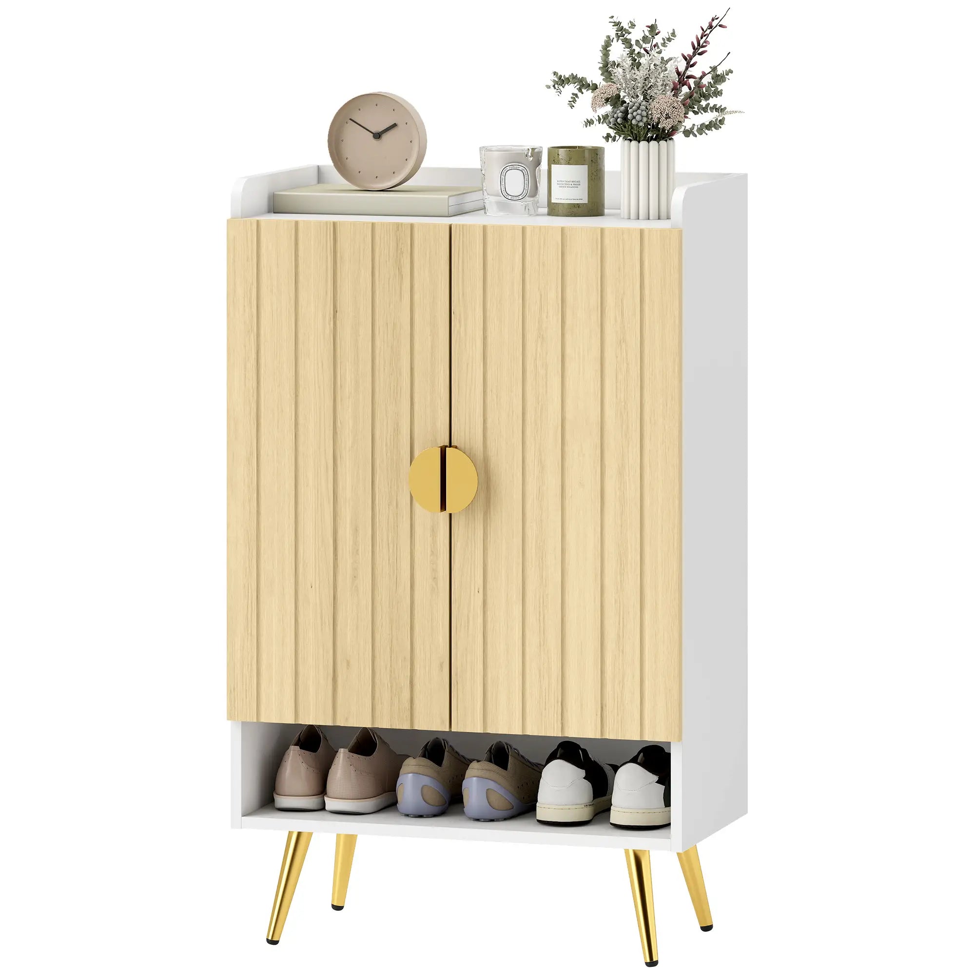 Entryway Shoe Storage Cabinet, Adjustable Shelves, Open Shelf, 15 Pairs, Natural Shoe Storage Cabinets & Racks at Gallery Canada