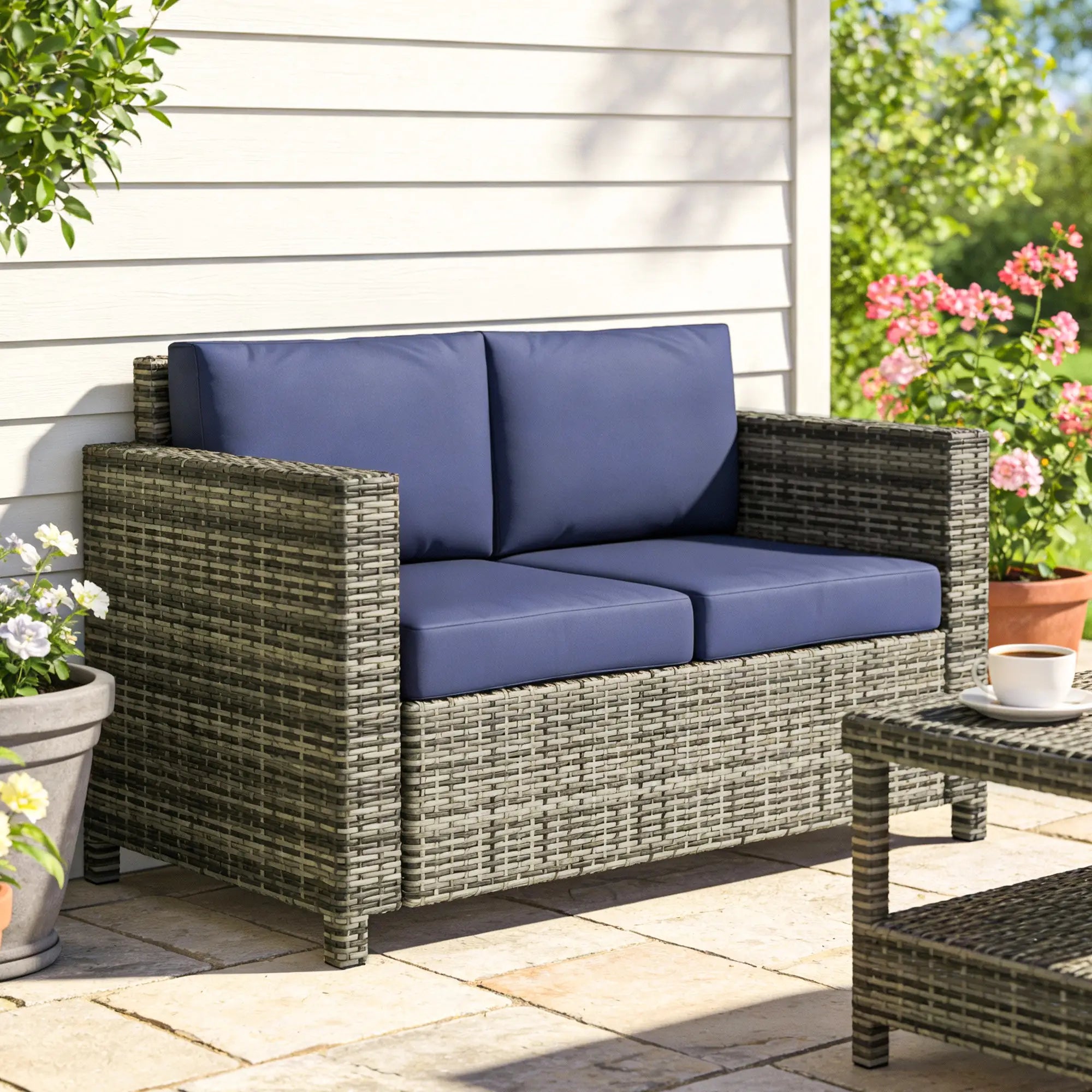 Wicker Outdoor Sofa, All Weather Patio Loveseat With Cushions, Dark Blue Patio Furniture Sets at Gallery Canada