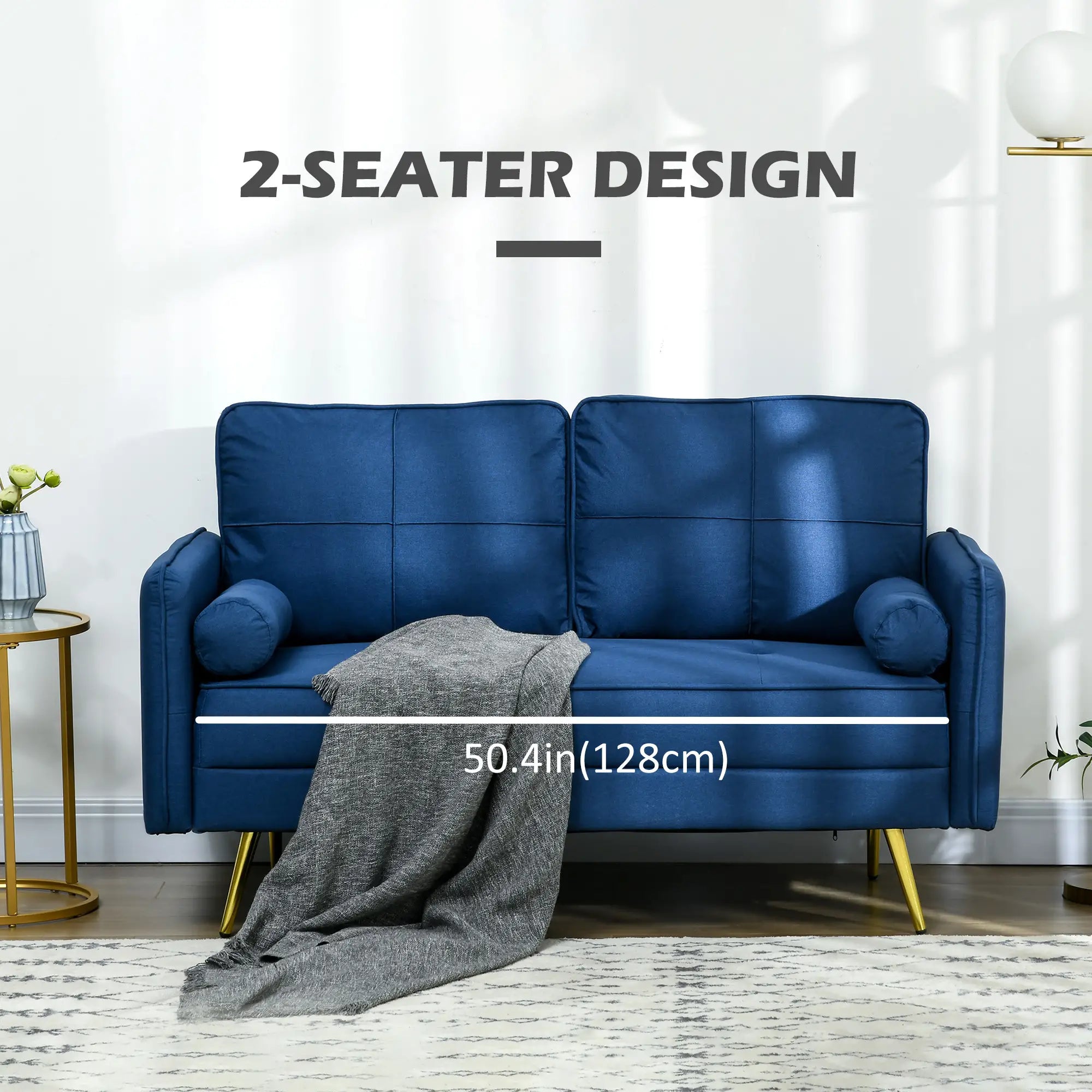 56 Upholstered Loveseat Sofa, 2 Seater with Back Cushions, Blue 2-Seater Sofas at Gallery Canada