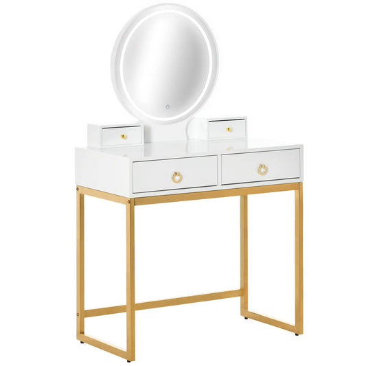 Makeup Vanity Table, 3-Color Dimmable Mirror, 4 Drawers, Stool, White Dressing & Vanity Tables White, Gold at Gallery Canada