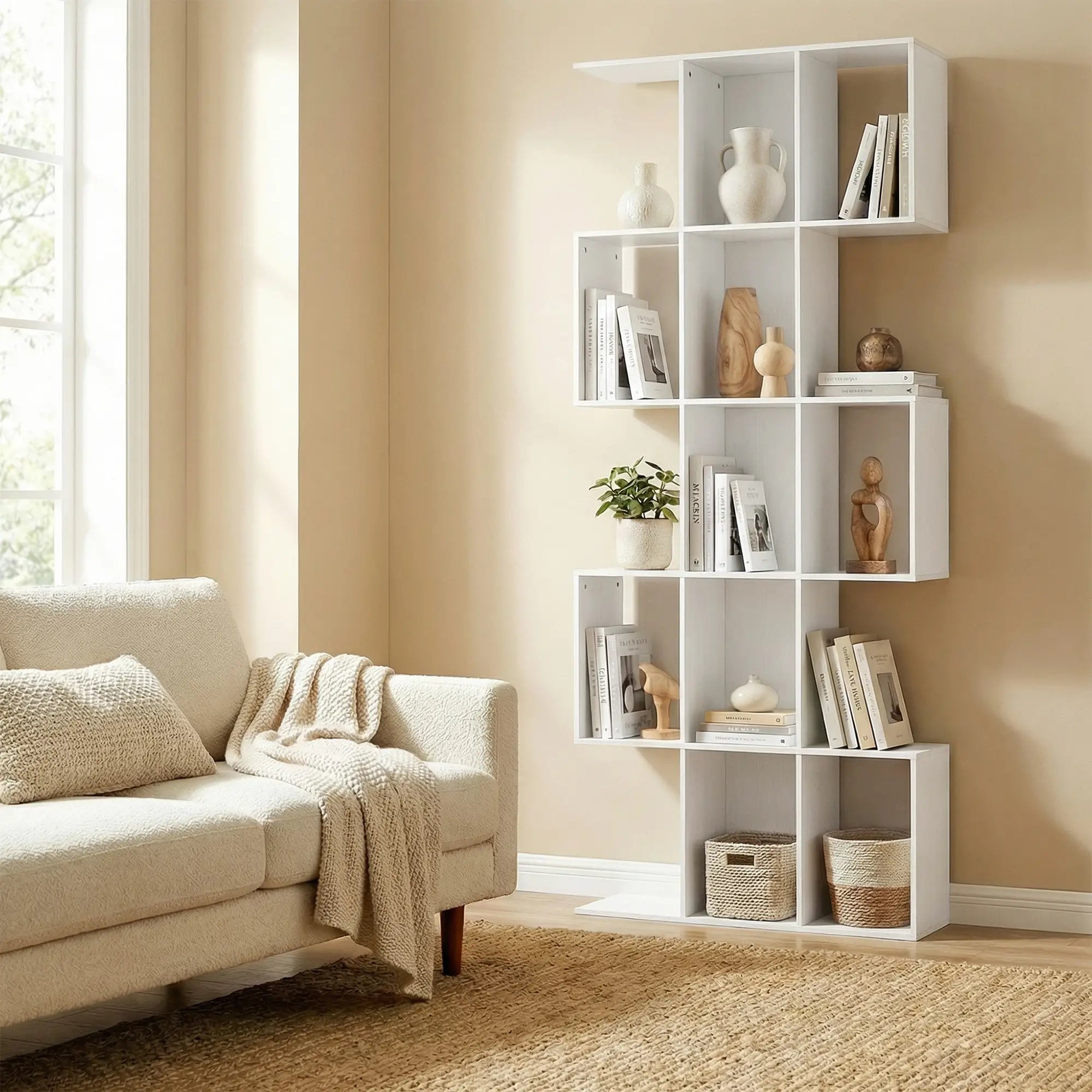 5-Tier Bookshelf, S Shaped Geometric Bookcase, White Wood Grain, White Display Bookshelves at Gallery Canada