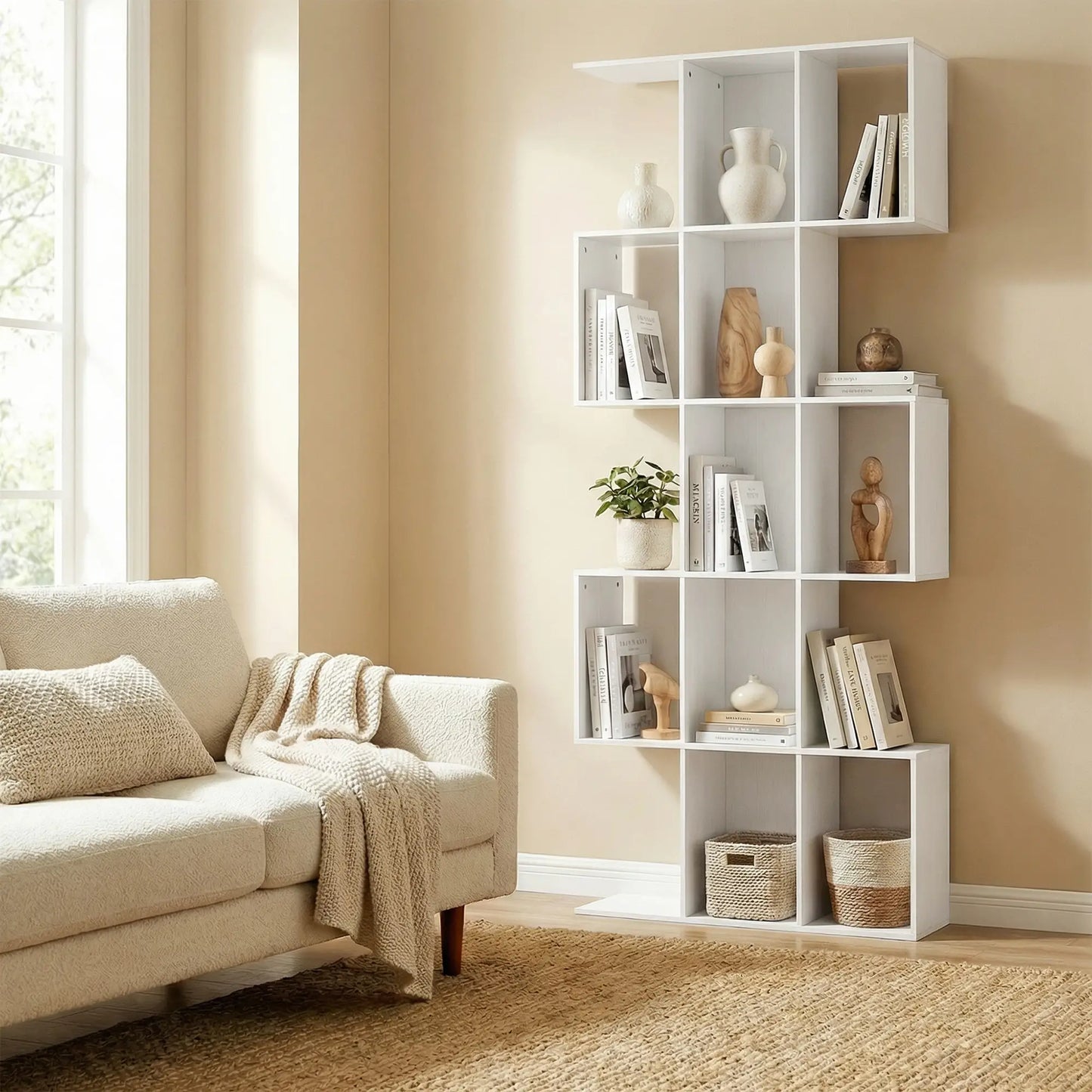 5-Tier Bookshelf, S Shaped Geometric Bookcase, White Wood Grain, White Display Bookshelves at Gallery Canada