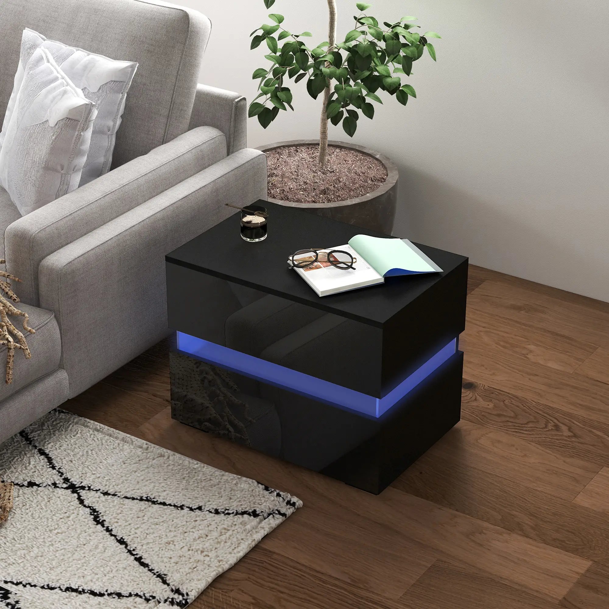 Modern Nightstand, 2 Drawers, USB RGB LED Lights, Remote, Black Bedside Tables at Gallery Canada