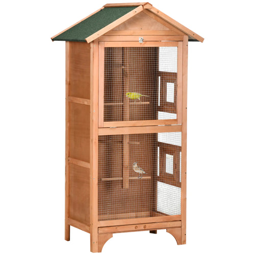 Wooden Bird Aviary Parrot Cage, Removable Tray, 2 Doors, Asphalt Roof, 4 Perches, Orange