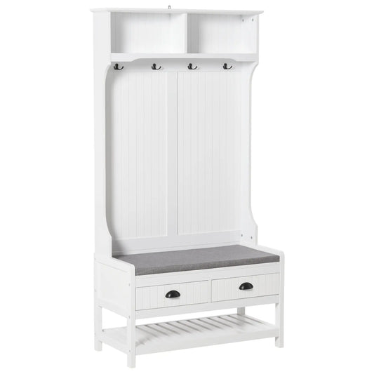 Coat Rack Shoe Bench, Entryway Storage with 4 Hooks, 2 Drawers, 2 Shelves, White Clothing Storage White, Grey at Gallery Canada
