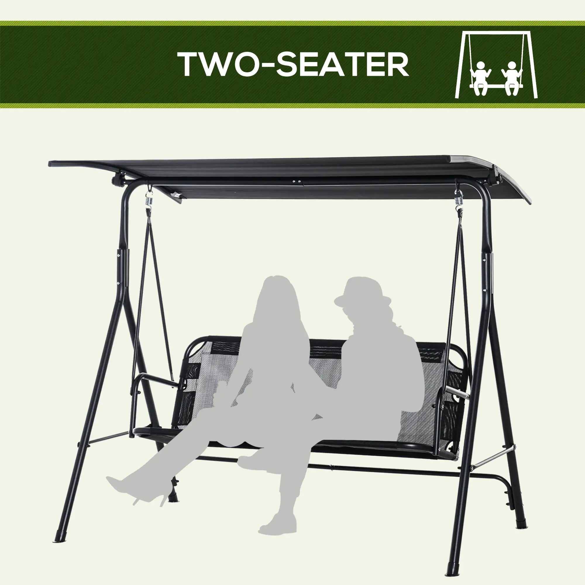2-Person Porch Swing Chair, Adjustable Canopy, Breathable Seat, Black Patio Swings with Stand at Gallery Canada