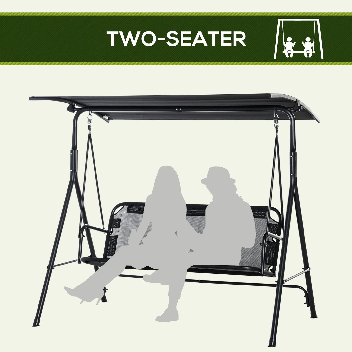 2-Person Porch Swing Chair, Adjustable Canopy, Breathable Seat, Black Patio Swings with Stand at Gallery Canada