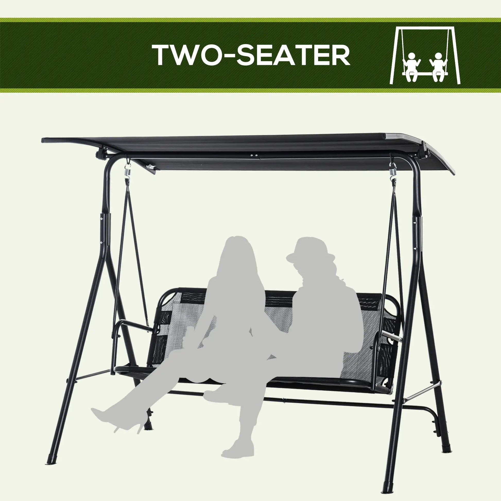 2-Person Porch Swing Chair, Adjustable Canopy, Breathable Seat, Black Patio Swings with Stand at Gallery Canada