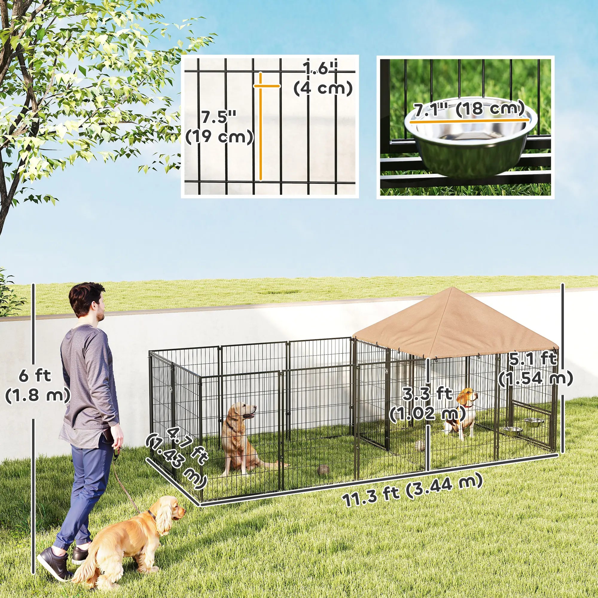 Outdoor Dog Kennel, Rotating Adjustable Bowls, Waterproof UV Cover, 11.3' x 4.7' x 5.1' Houses, Kennels & Pens at Gallery Canada