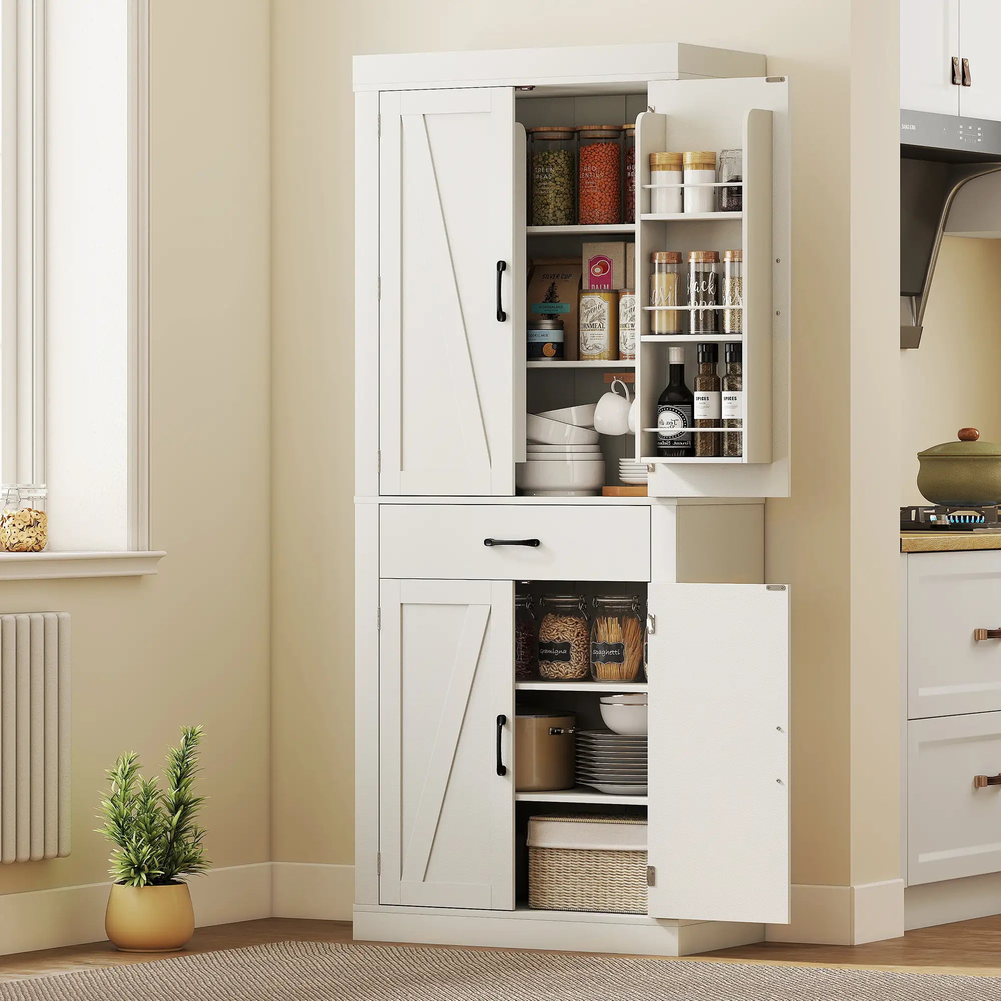 72 Inch Kitchen Pantry Cabinet, Farmhouse Storage, White Kitchen Pantry Cabinets at Gallery Canada