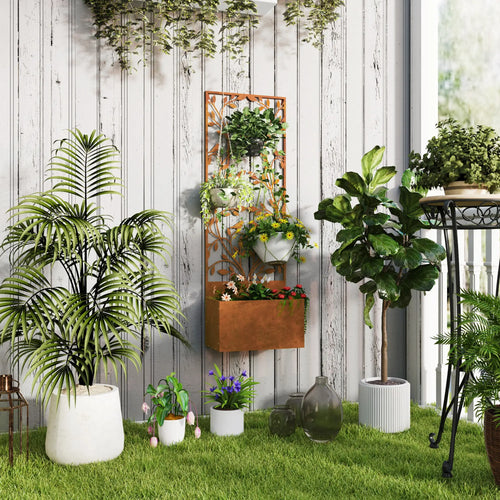 Raised Garden Bed with Privacy Screen, Metal Planter Box, Trellis, Brown