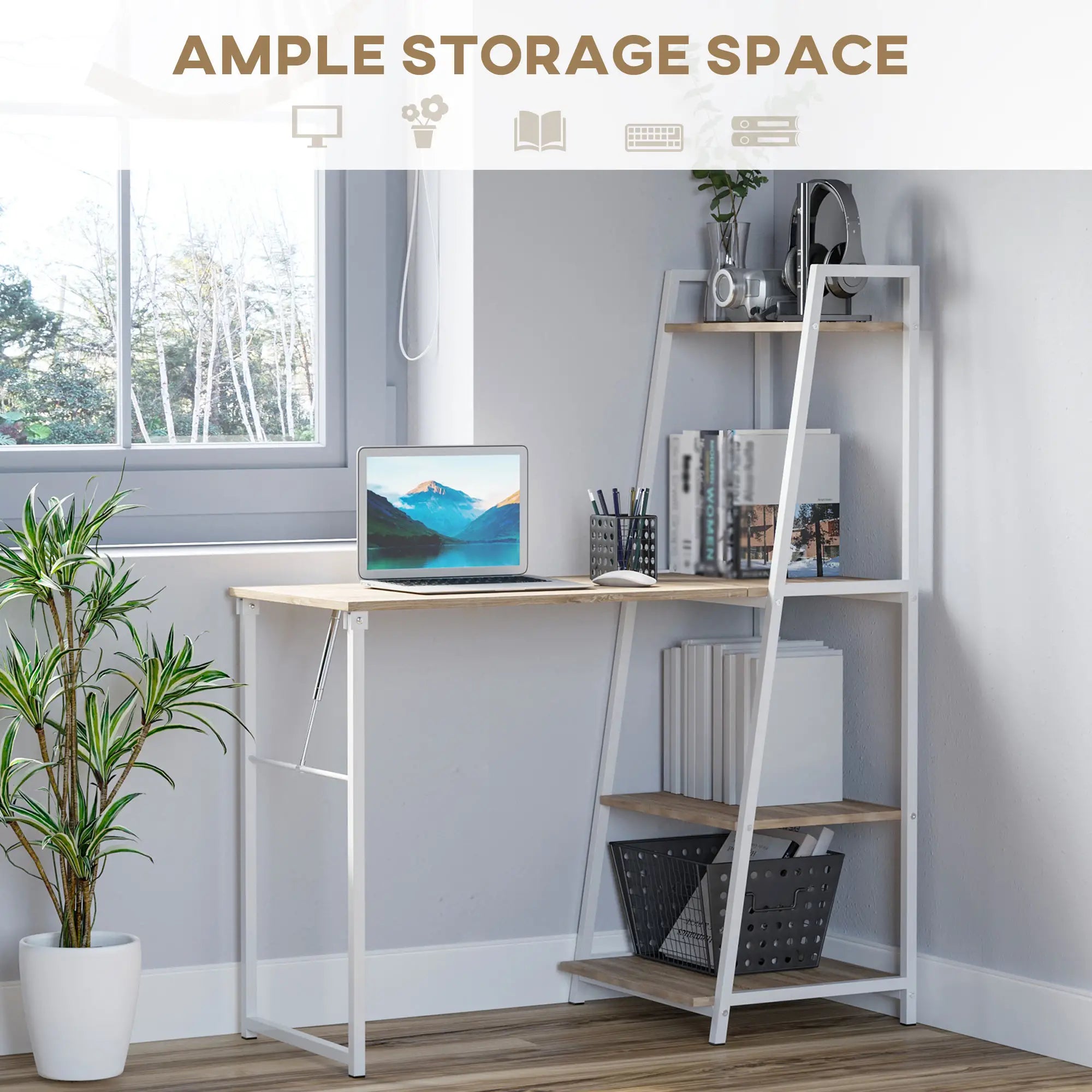 Computer Desk with Storage Shelves, Foldable Tabletop, White, Natural Writing Desks at Gallery Canada