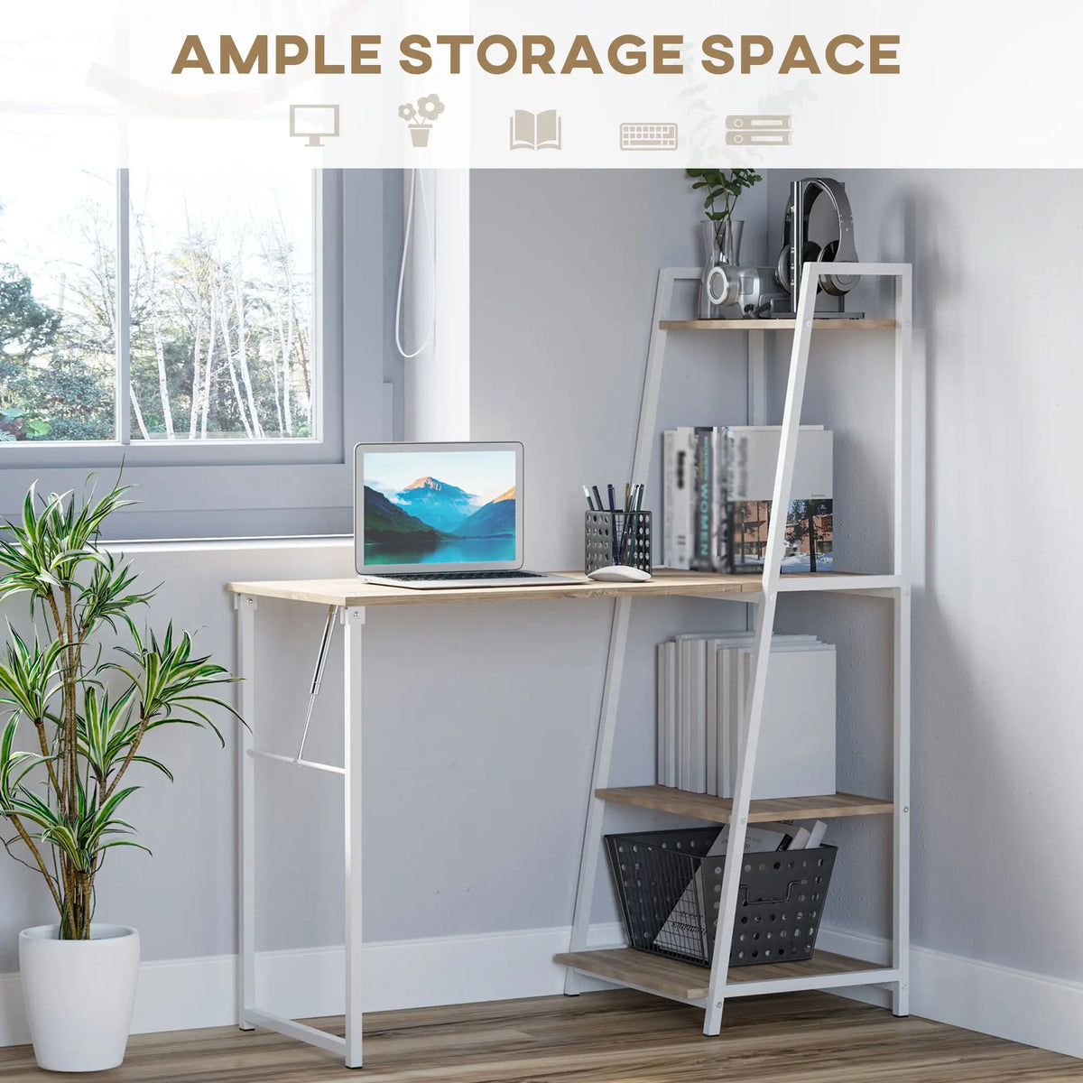 Computer Desk with Storage Shelves, Foldable Tabletop, White, Natural Writing Desks at Gallery Canada