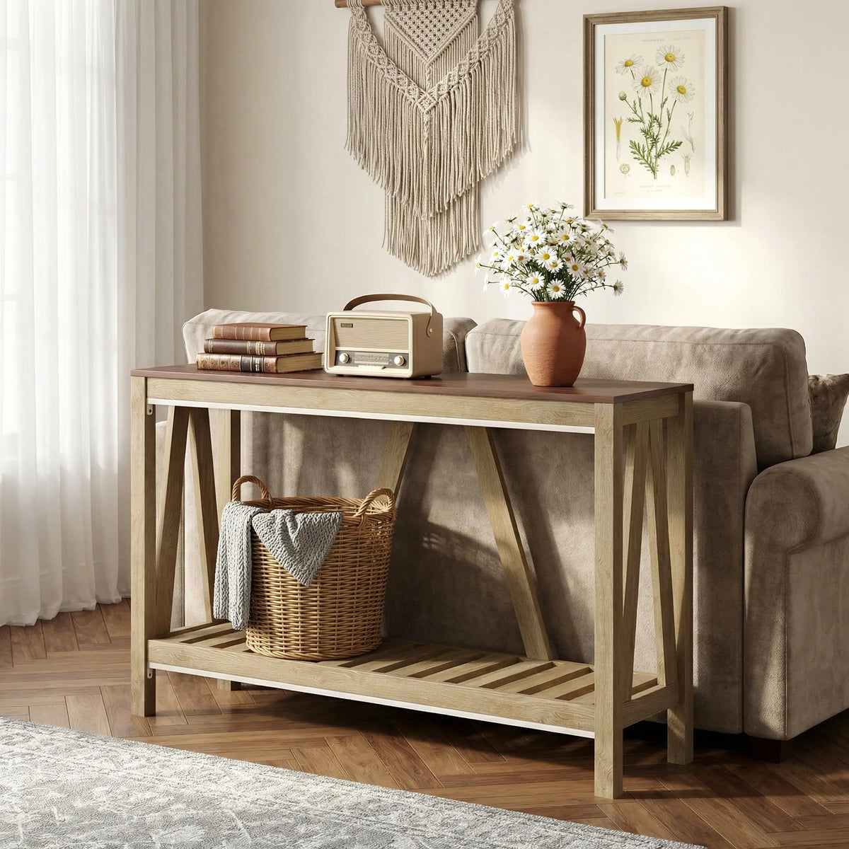 Farmhouse Console Table with Storage Shelf, Rustic Sofa Table, Oak Console Tables at Gallery Canada