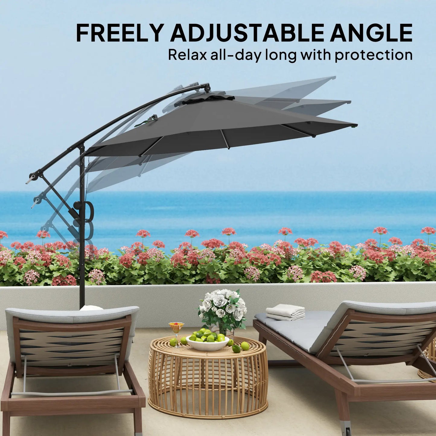 118.1" Patio Offset Umbrella, With Cover, Wind Strap, Crank, Tilt, UPF50+, Grey Offset Cantilever Umbrellas at Gallery Canada
