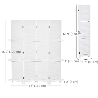 4-Panel Wall Partition, 3 Storage Shelves, Foldable, Wooden Frame, 5.6FT, White Room Dividers at Gallery Canada