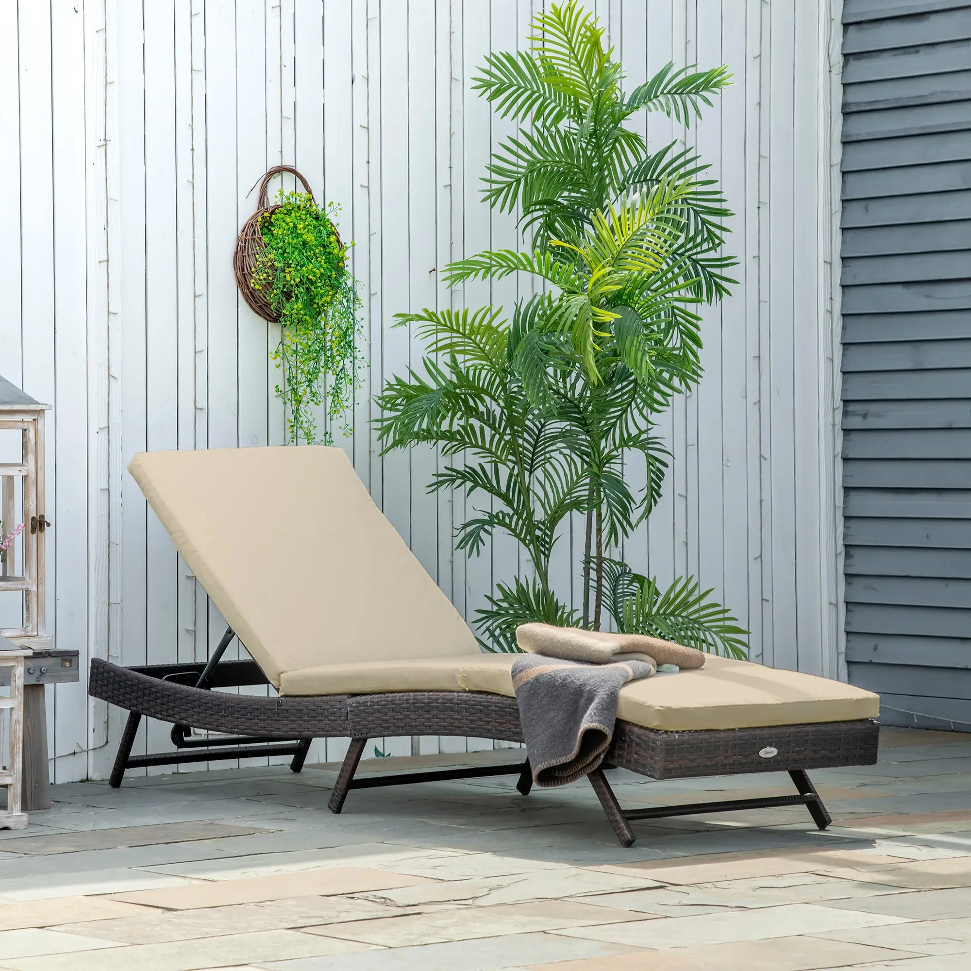 Wicker Patio Lounger, Outdoor Recliner w/ Adjustable Backrest, Khaki Chaise Loungers at Gallery Canada
