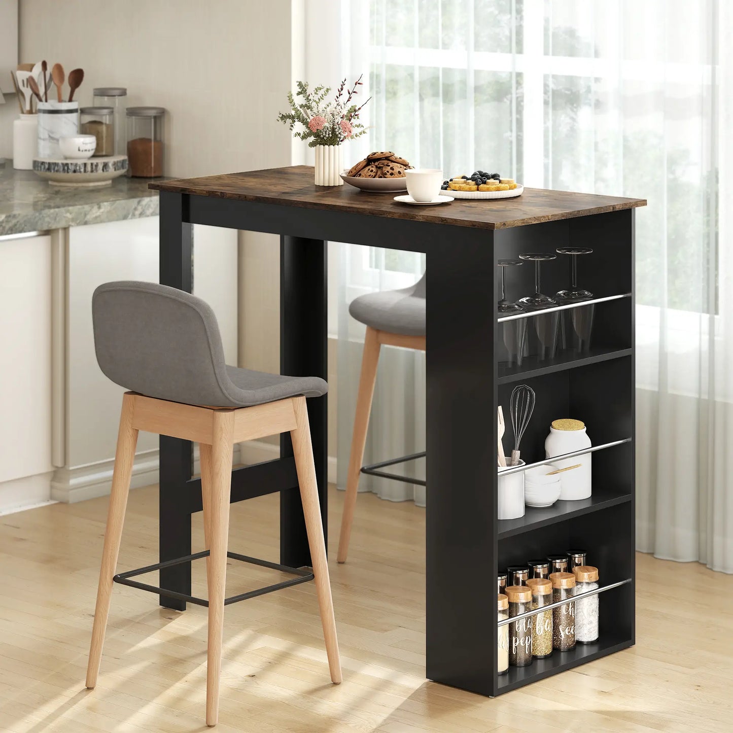 Modern Bar Table, Counter Height, 3 Storage Shelves, Rustic Brown, Brown Bar Tables at Gallery Canada