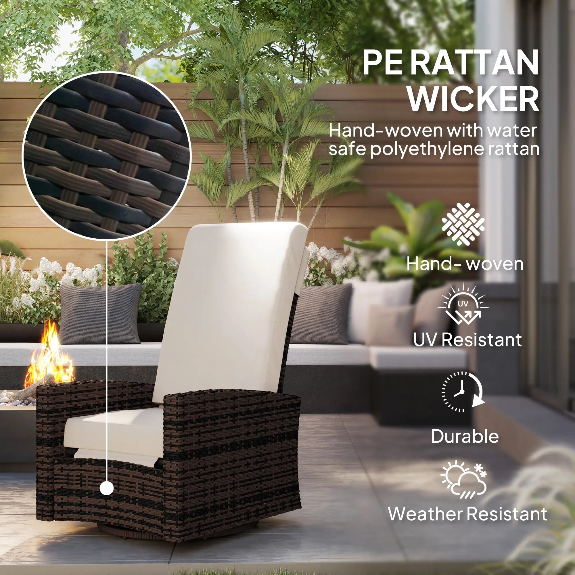 Outdoor Rattan Wicker Lounge Chair with Footrest, Soft Cushion, Khaki Patio Chairs at Gallery Canada