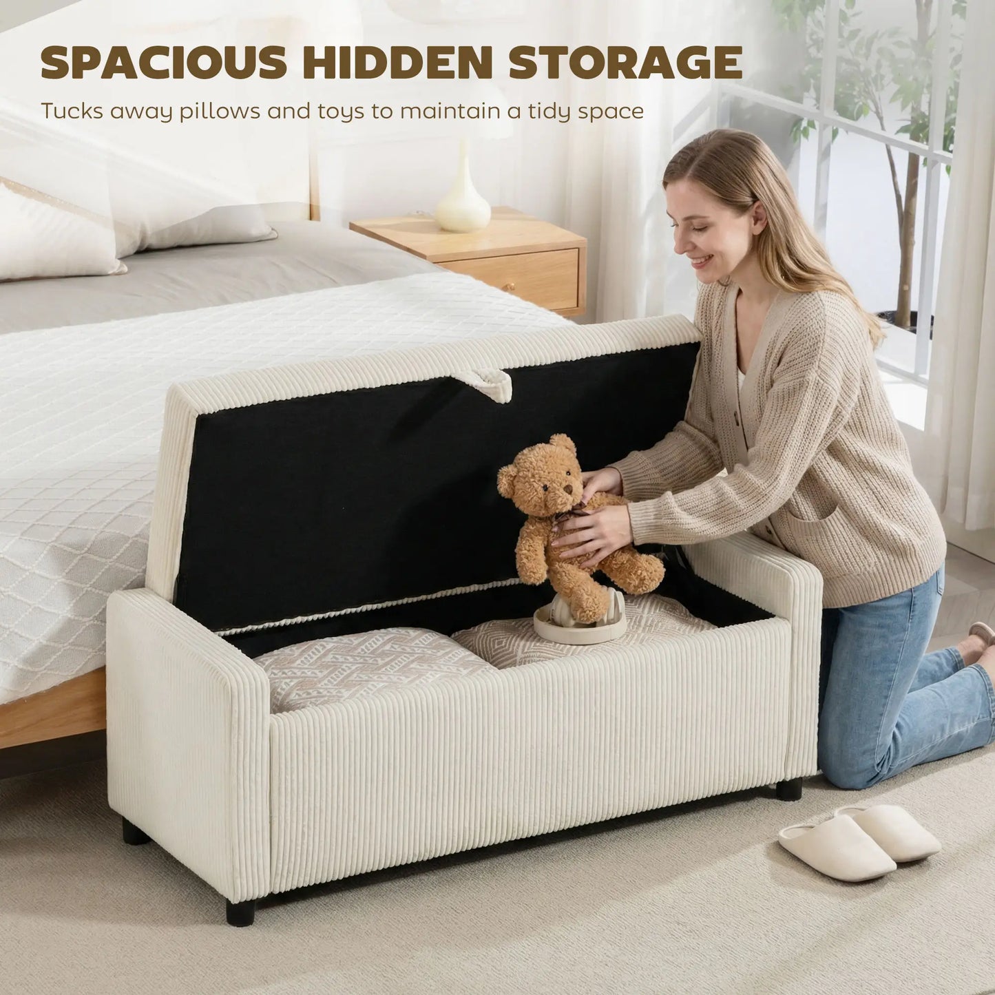 Storage Ottoman, Upholstered Corduroy Bench, Beige Storage Ottomans & Benches at Gallery Canada