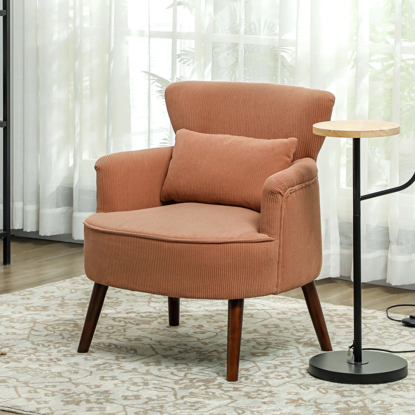 Modern Accent Chair, Upholstered Armchair, Solid Wood Legs, Lumbar Pillow, Orange Accent Chairs at Gallery Canada