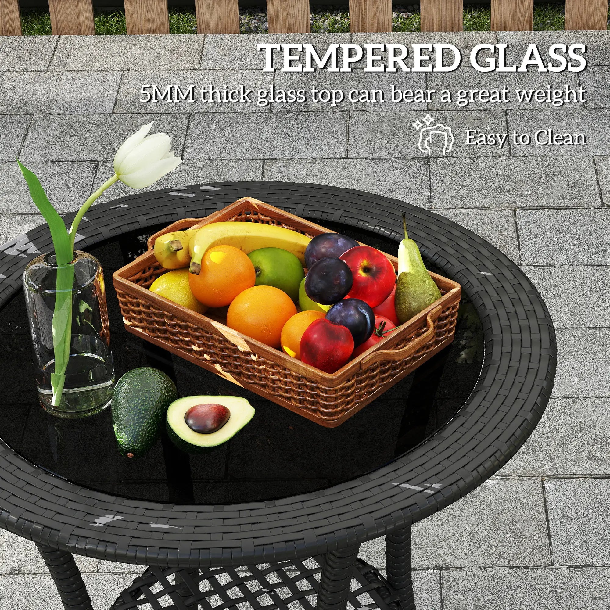 Outdoor Rattan Dining Table, Round Coffee Table with 2-Tier Shelf, Black Patio Dinning Tables at Gallery Canada