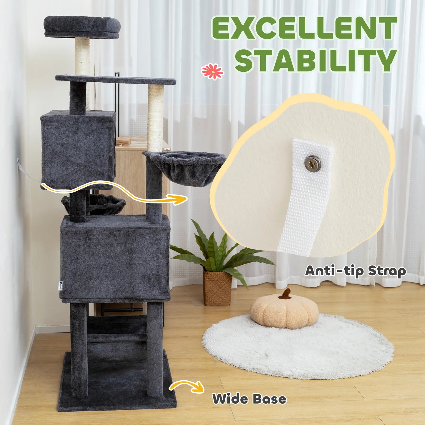 66 Inch Large Cat Tree, 2 Door Condos, 3 Hammocks, Plush Perch, Sisal Posts, Dark Grey Cat Trees at Gallery Canada