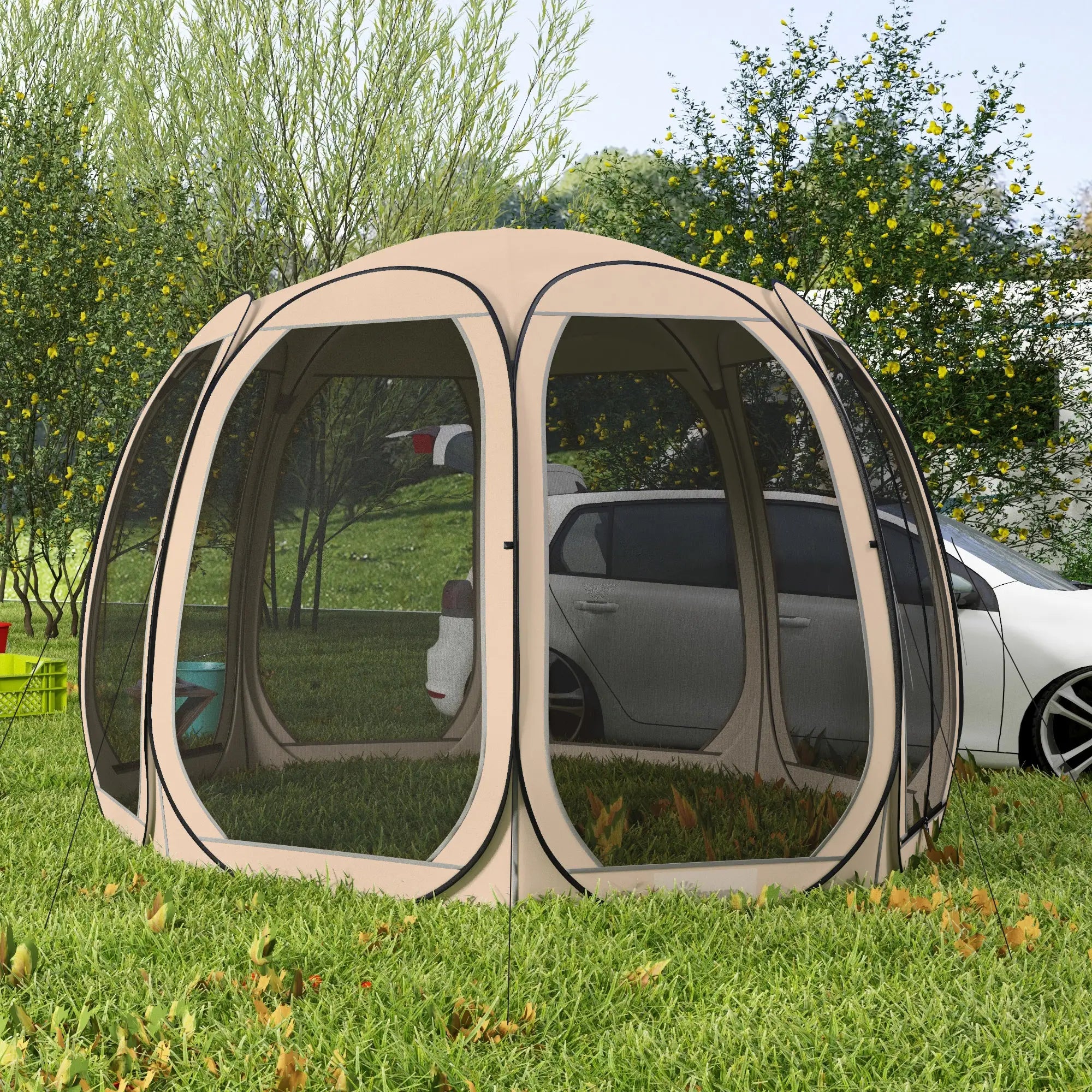 11' x 11.5' Screen Tent, Pop Up Gazebo, Portable Carry Bag, 2 Doors, Beige Camping Tents at Gallery Canada