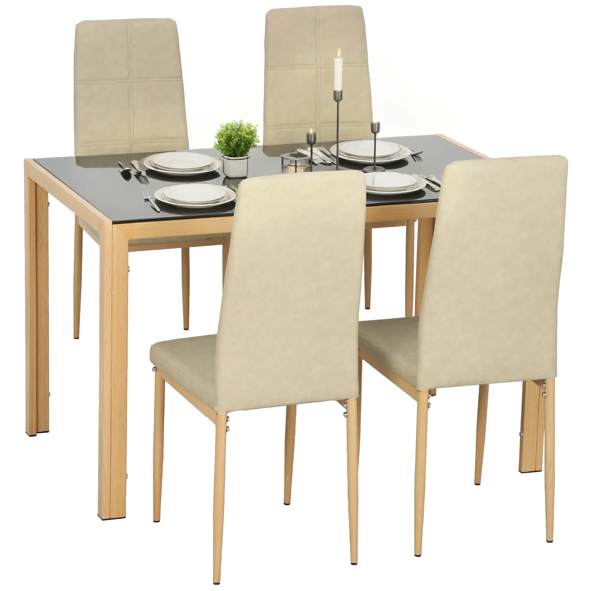 3-Piece Rectangular Glass Kitchen Table, Metal Frame, Faux Leather Chairs Dining Table Sets Light Brown, Natural Wood, Black at Gallery Canada